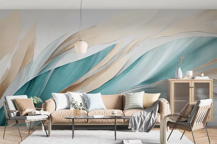 murales de pared Ondas abstractas fluidas de color verde azulado y amarillo, con formas y líneas finas, sobre un fondo blanco, arte texturizado. w09585