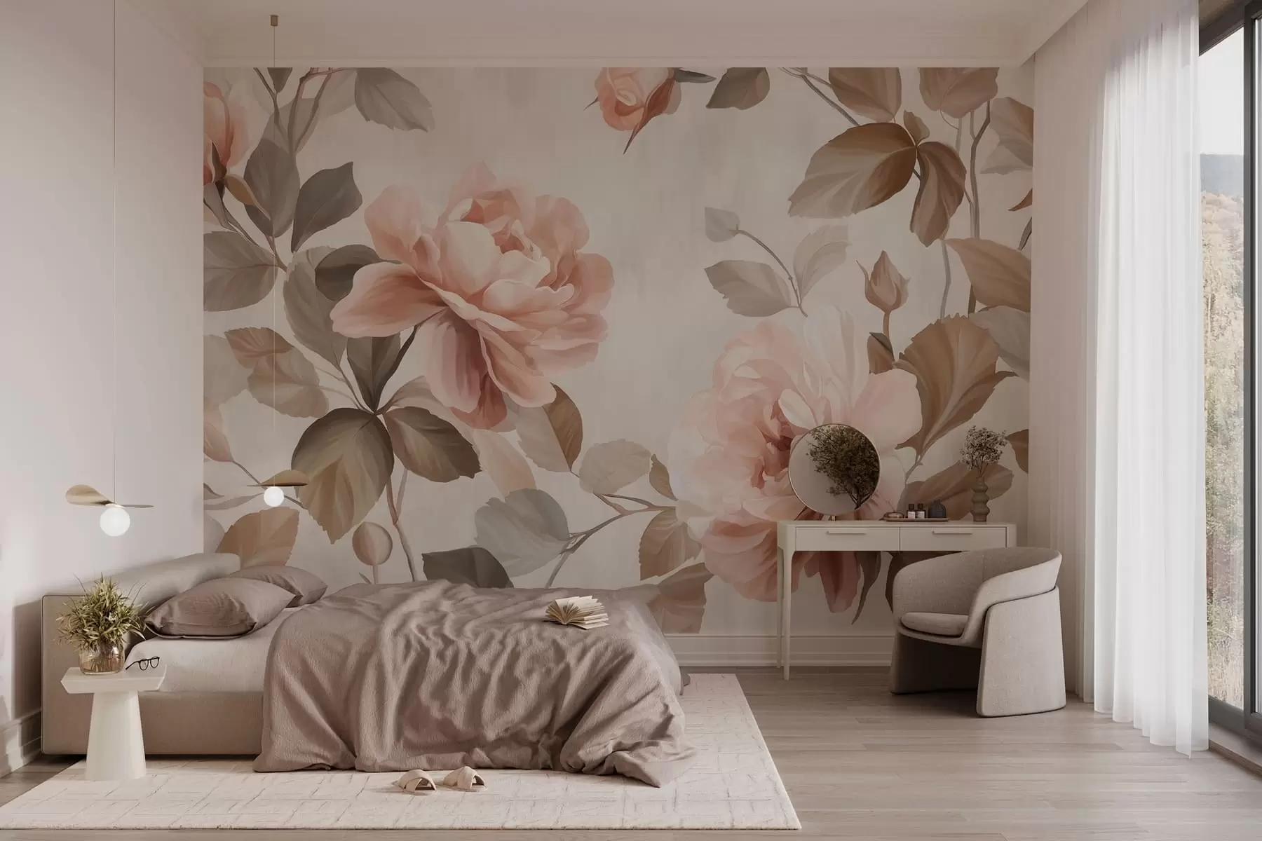 murales de pared rosas pintorescas al estilo de la pintura al óleo w04873