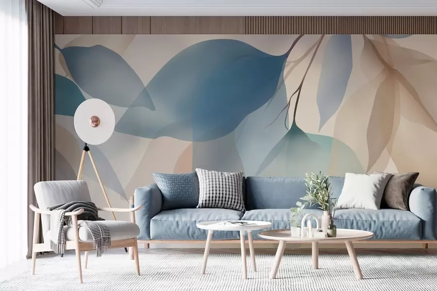 murales de pared elegantes hojas semitransparentes en tonos azules y beige w05060