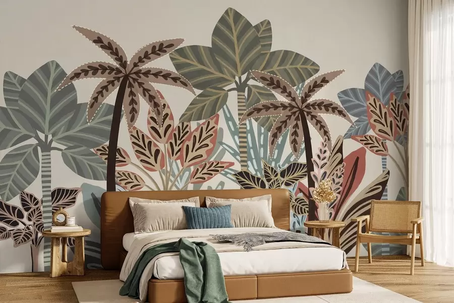 murales de pared Plantas tropicales con textura y palmeras con colores apagados en estilo boho decorativo sobre un fondo crema. w09639