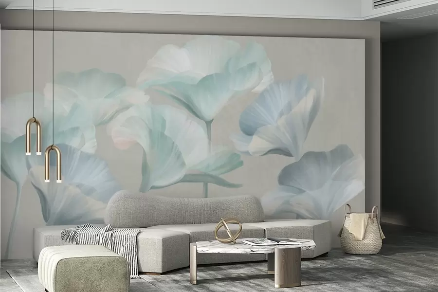 murales de pared Flores de loto translúcidas de color turquesa pálido con pétalos delicados sobre un fondo gris apagado. w09640v2