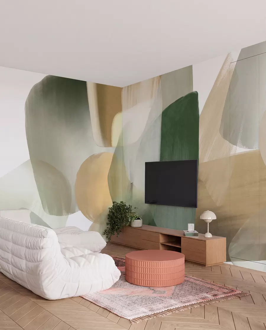 murales de pared Formas abstractas con textura en colores verde y beige apagados, con bordes suaves y capas superpuestas. w09642