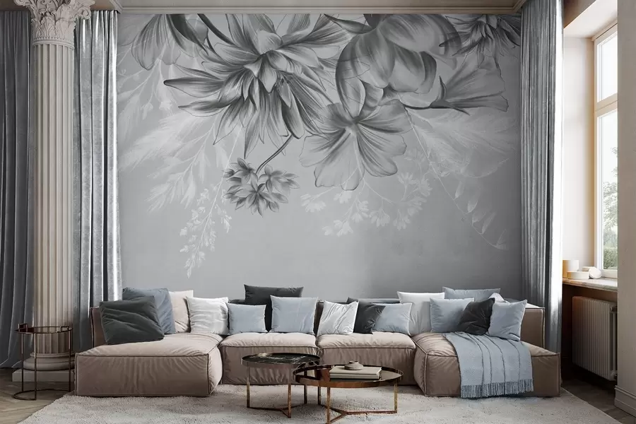 murales de pared Flores y helechos texturizados en tonos gris oscuro y blanco sobre un fondo gris apagado, estilo de dibujo. w09644v1