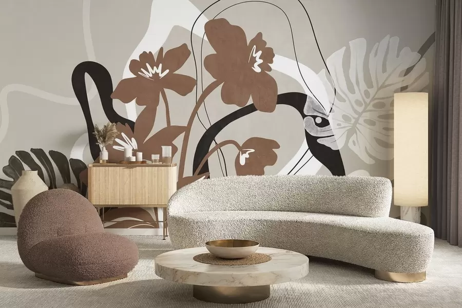 murales de pared Flores marrones abstractas con textura y formas blancas y negras sobre fondo beige, arte minimalista. w09645v1