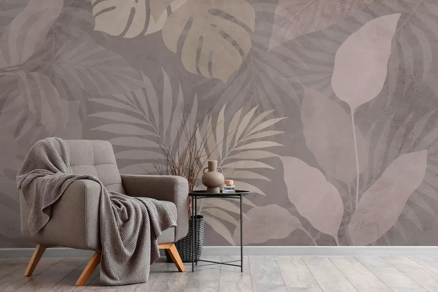 murales de pared Hojas tropicales con textura sobre fondo gris. w05063v1