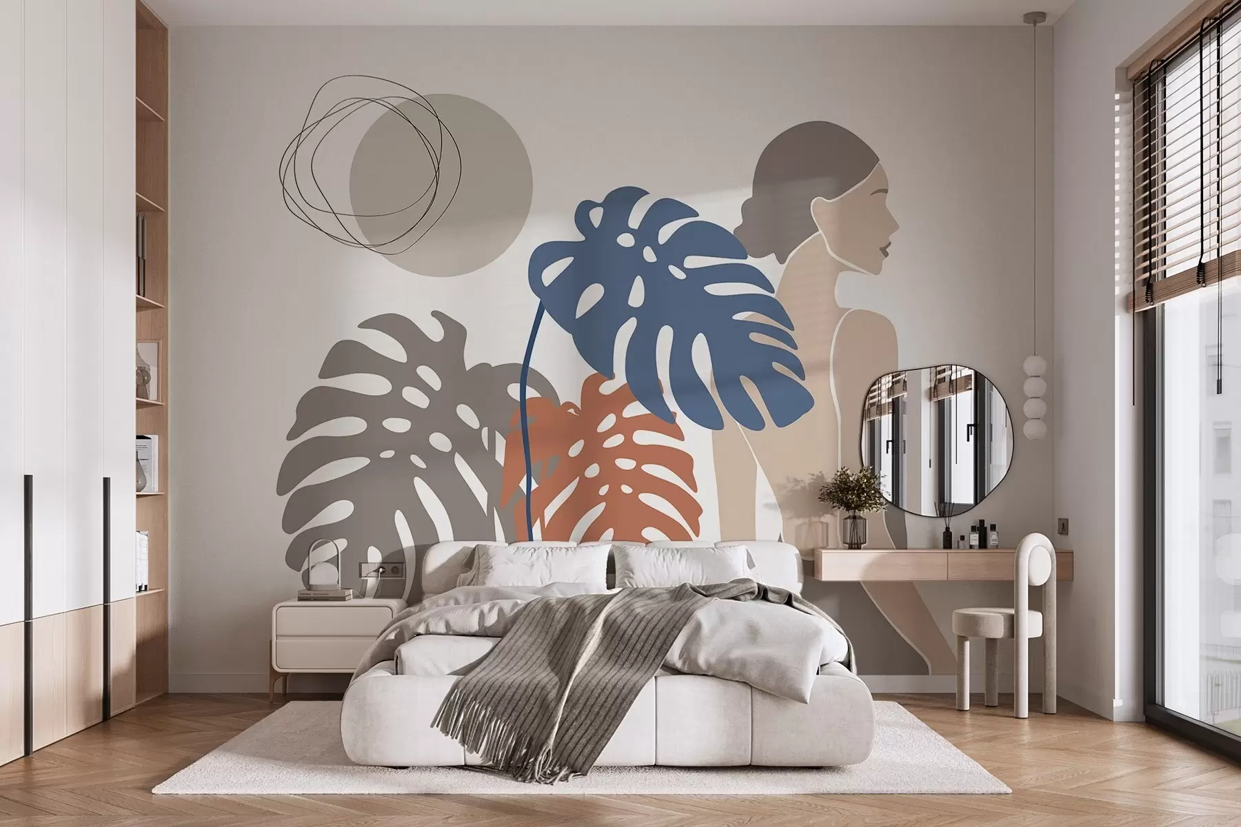 murales de pared Silueta de una mujer cerca de hojas tropicales w05192
