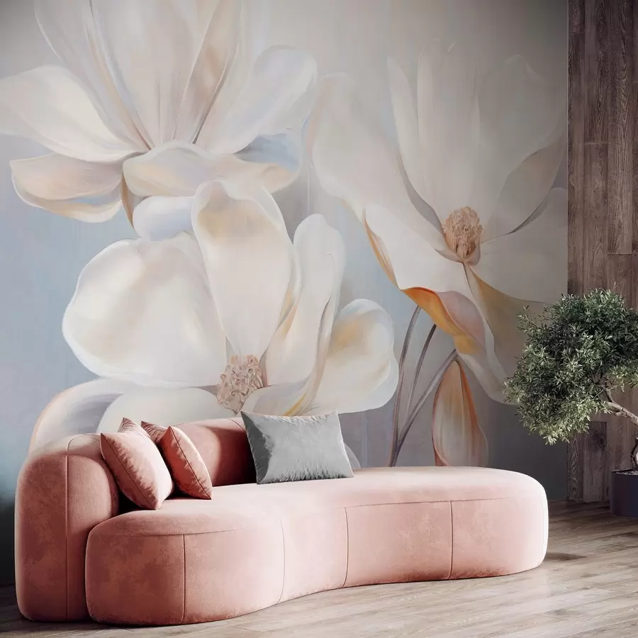 murales de pared Flores blancas de magnolia fantásticas con pétalos de textura delicada, sobre un fondo suave y abstracto. w09373