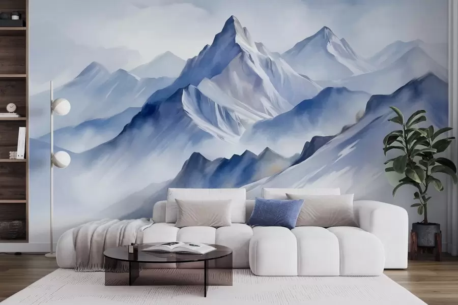 murales de pared Montañas nevadas con textura, un suave efecto acuarela y una paleta de colores azul y blanco. w09630