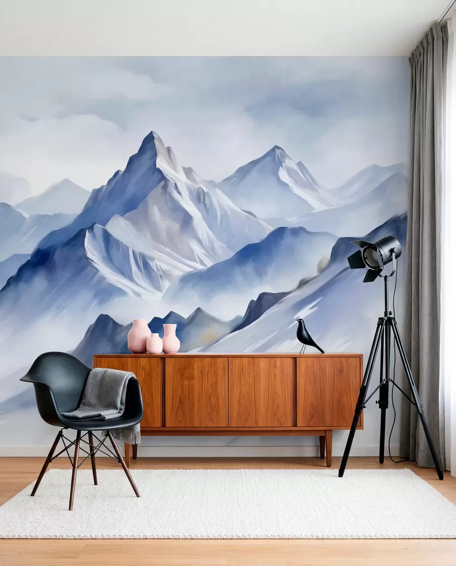 murales de pared Montañas nevadas con textura, un suave efecto acuarela y una paleta de colores azul y blanco. w09630