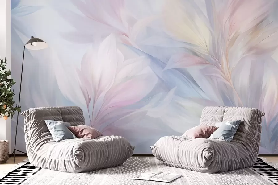 murales de pared Hojas suaves en tonos pastel y plumas en tonos rosa, azul y amarillo, estampado abstracto y con textura. w09634