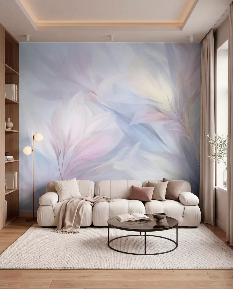 murales de pared Hojas suaves en tonos pastel y plumas en tonos rosa, azul y amarillo, estampado abstracto y con textura. w09634