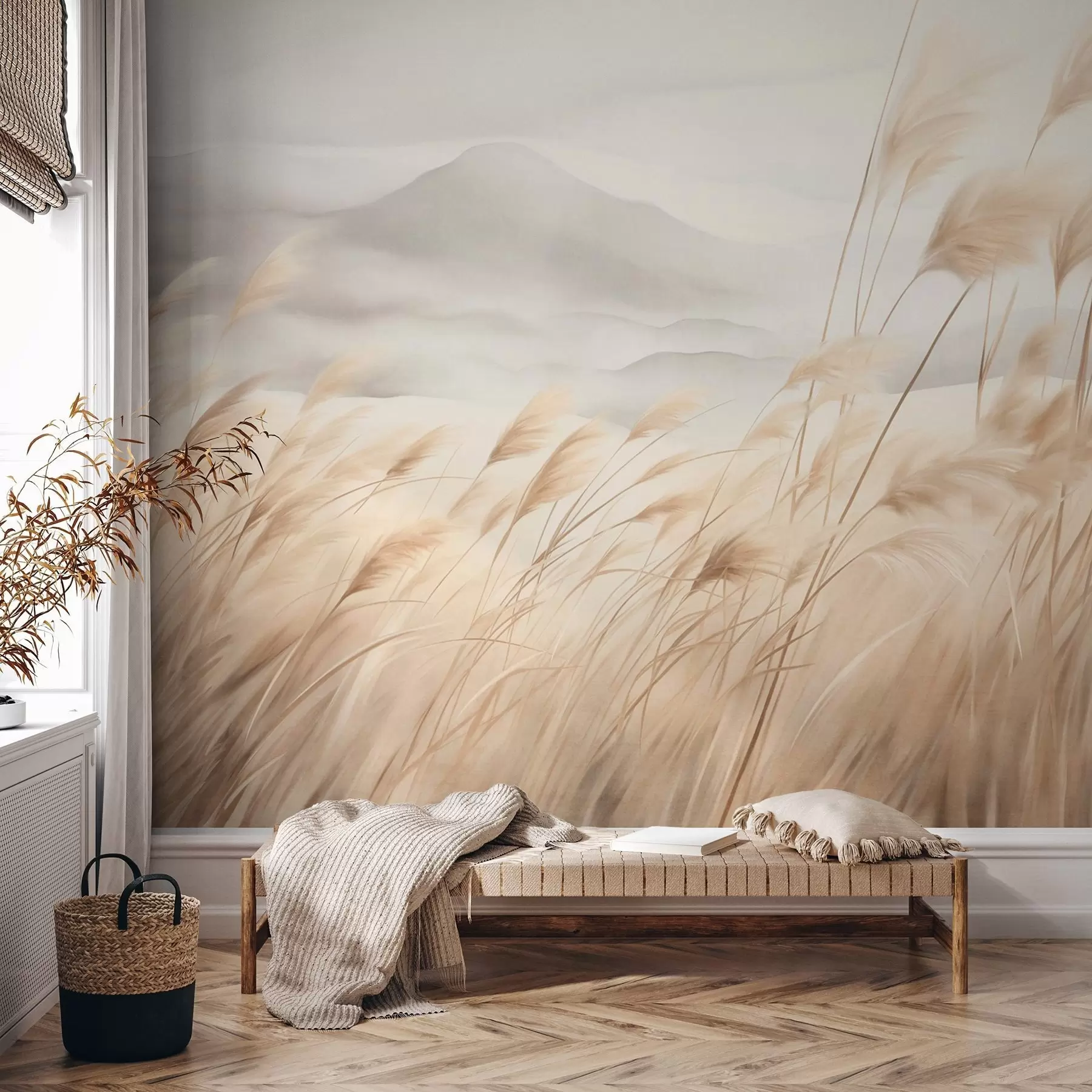 murales de pared Paisaje montañoso con textura, con hierba alta y seca bajo un cielo brumoso. w09649