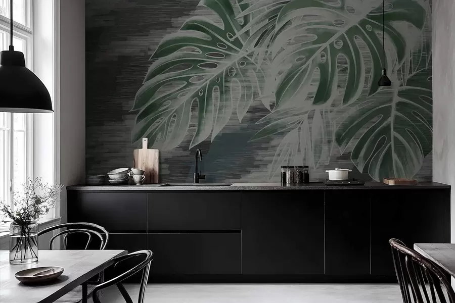 murales de pared Hojas de color verde oscuro sobre un fondo oscuro con textura. w05130v4