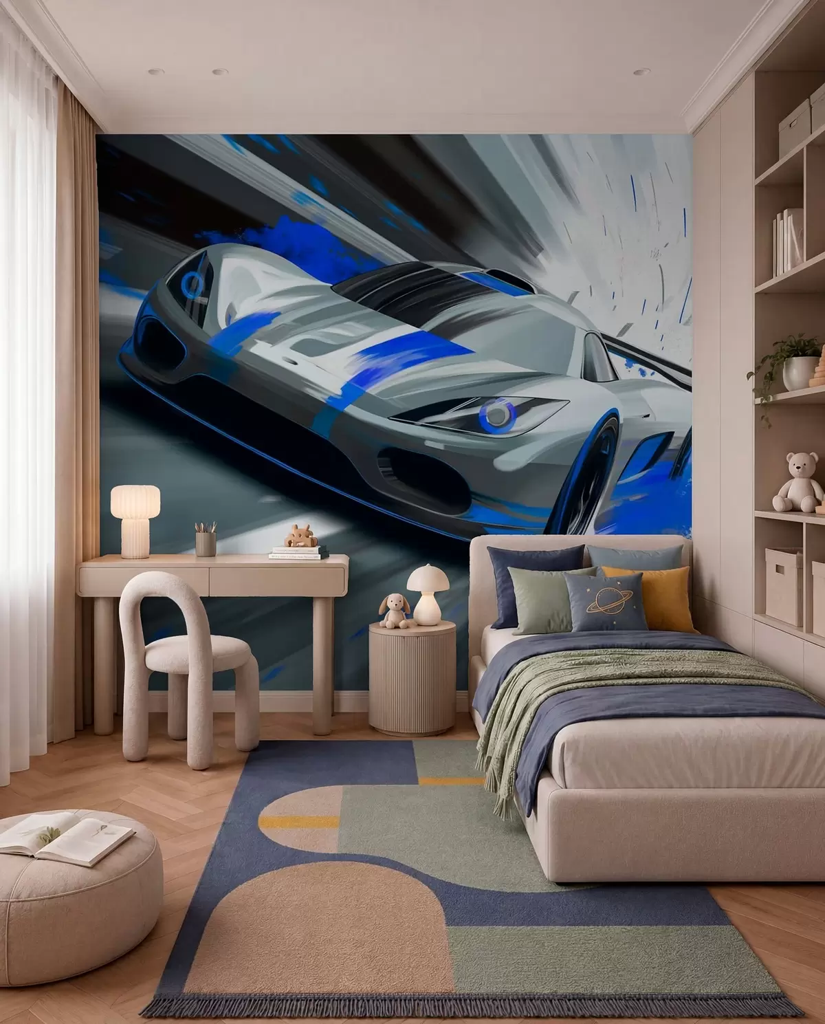 murales de pared Coche deportivo dinámico en estilo de dibujo digital con detalles en azul. w05069