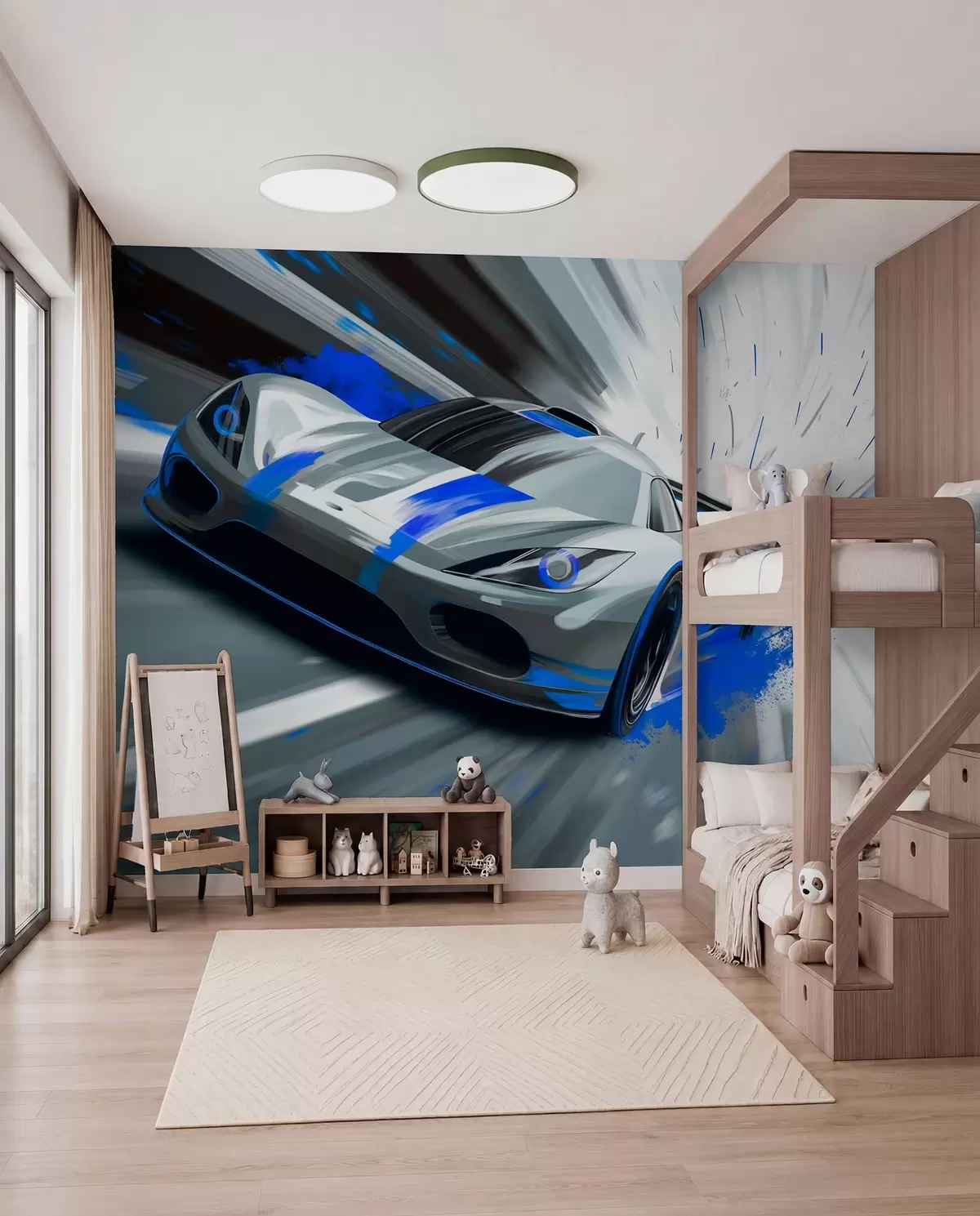 murales de pared Coche deportivo dinámico en estilo de dibujo digital con detalles en azul. w05069