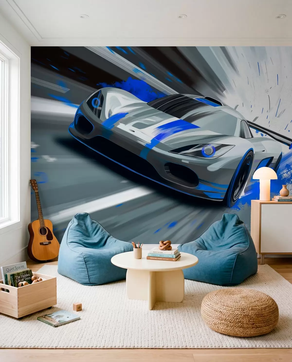 murales de pared Coche deportivo dinámico en estilo de dibujo digital con detalles en azul. w05069