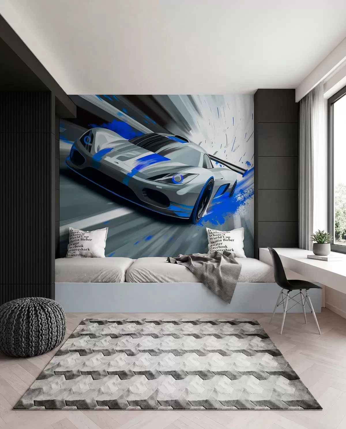 murales de pared Coche deportivo dinámico en estilo de dibujo digital con detalles en azul. w05069