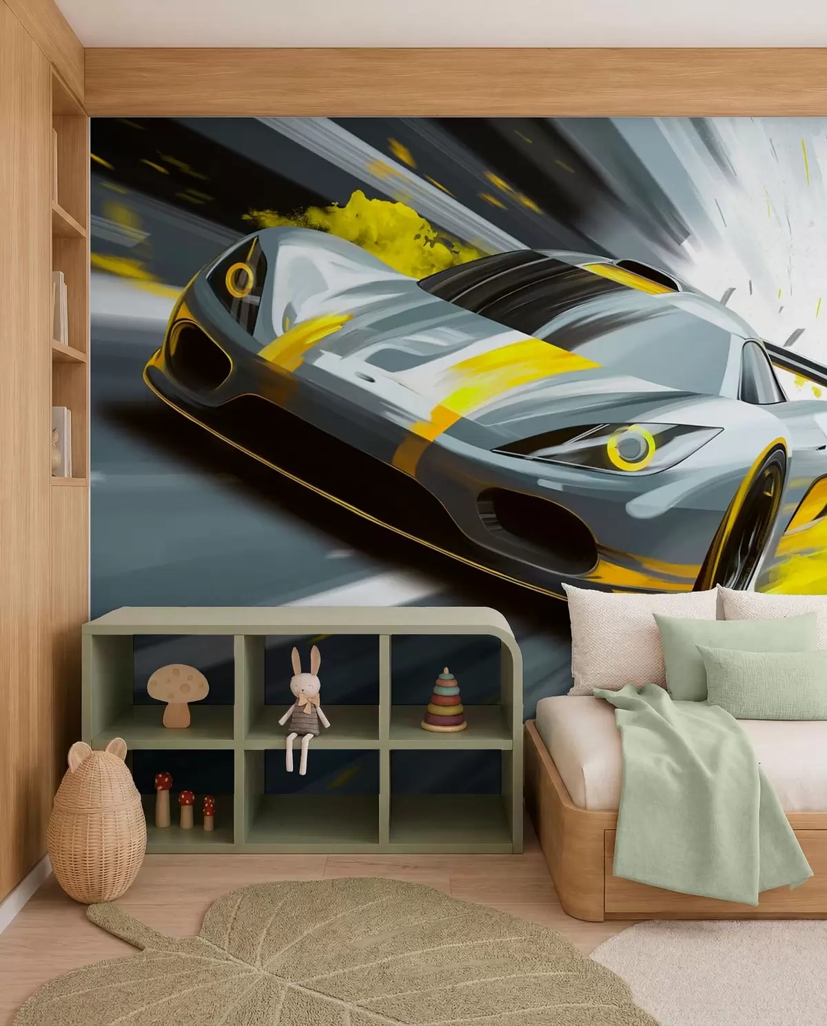murales de pared Coche deportivo dinámico con estilo de dibujo digital y detalles en amarillo. w05069v2