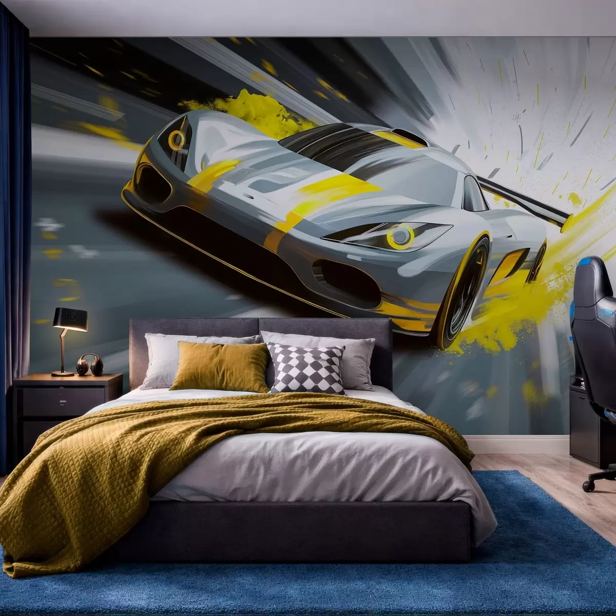 murales de pared Coche deportivo dinámico con estilo de dibujo digital y detalles en amarillo. w05069v2