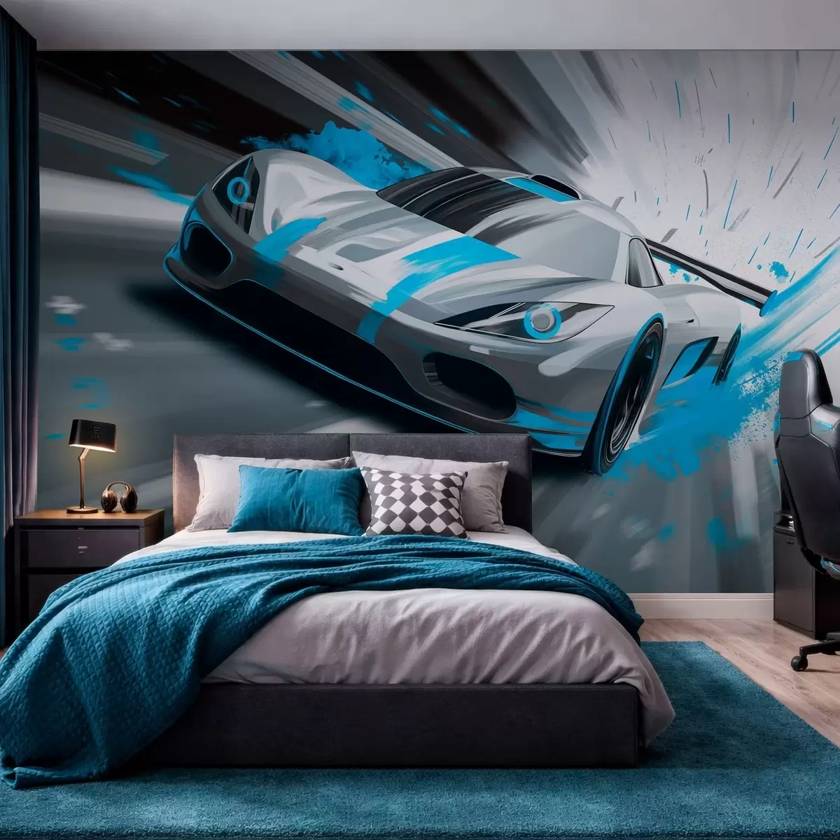 murales de pared Coche deportivo dinámico con estilo de dibujo digital y detalles en turquesa. w05069v3