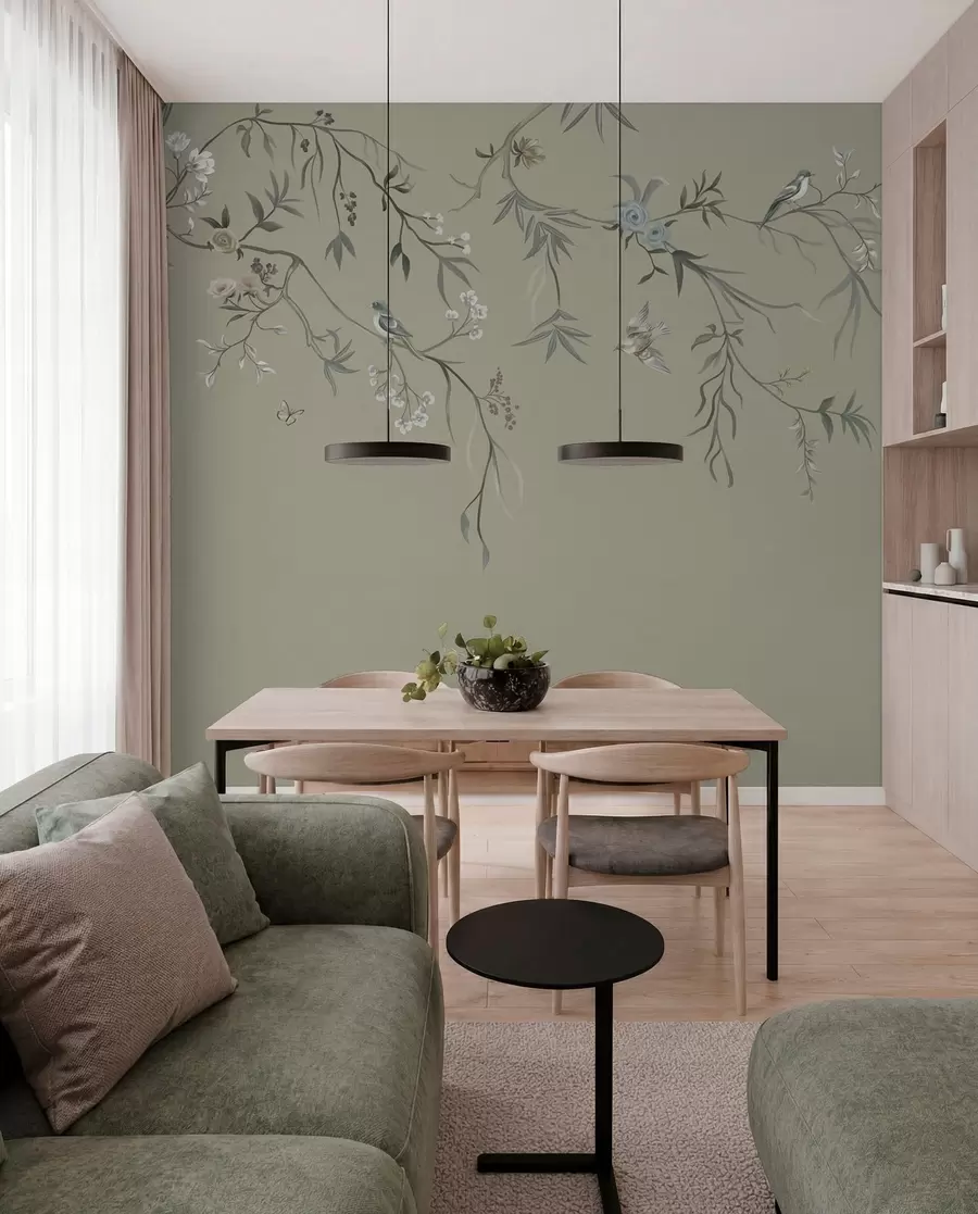 murales de pared Diseño floral con pájaros sobre fondo fresco w05127v6