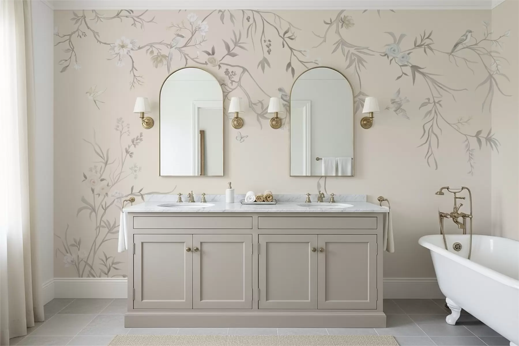 murales de pared Ramas florales con pájaros sobre un fondo claro w05127v7