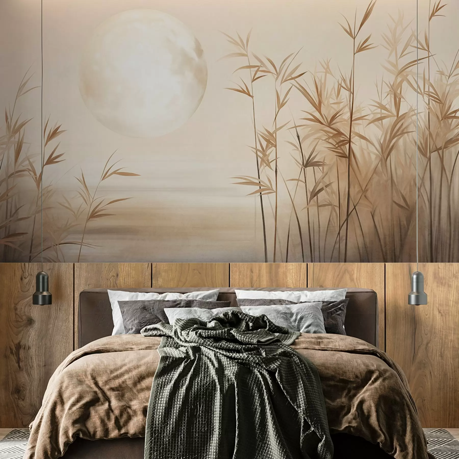 murales de pared Paisaje texturizado con altos juncos, lago y luna pálida en un cielo brumoso. w09631