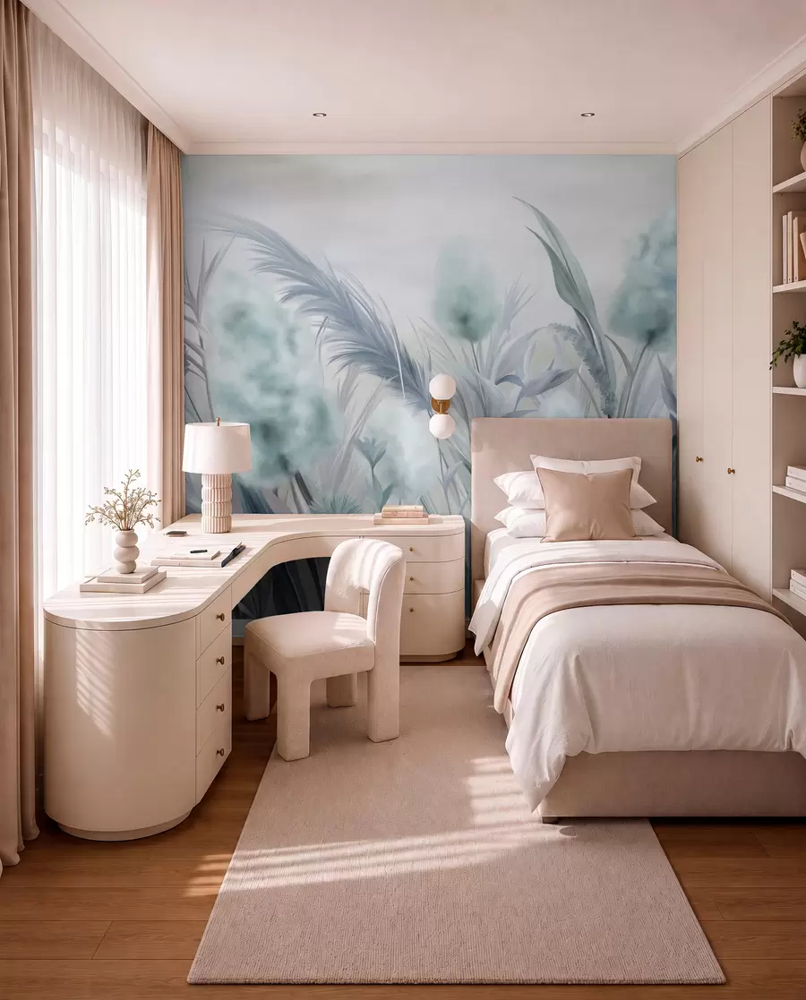 murales de pared Hierba de la pampa azul y gris y otras flores secas con un cielo suave y brumoso al fondo. w09635v1