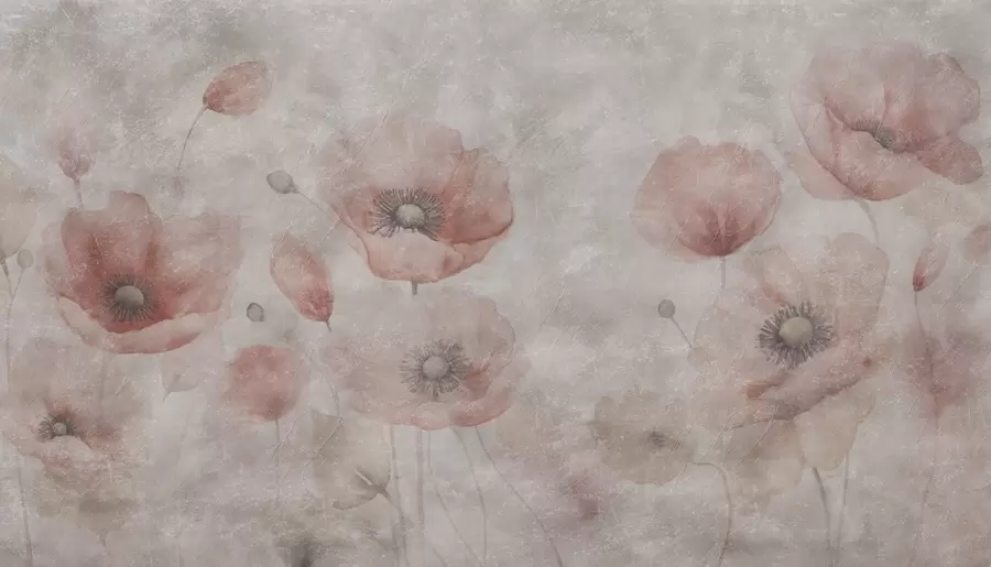 murales de pared Grandes flores de amapola en una pared con efecto antiguo. w09686
