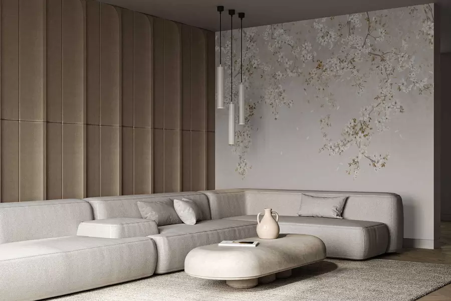 murales de pared Ramas con flores blancas sobre un fondo beige suave. w05129