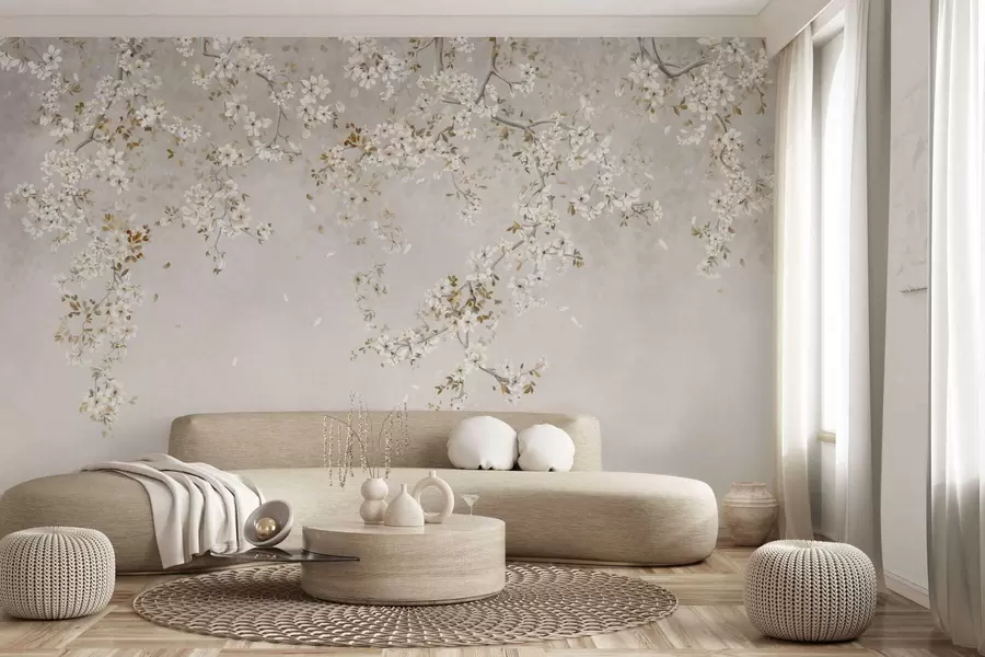 murales de pared Ramas con flores blancas sobre un fondo beige suave. w05129