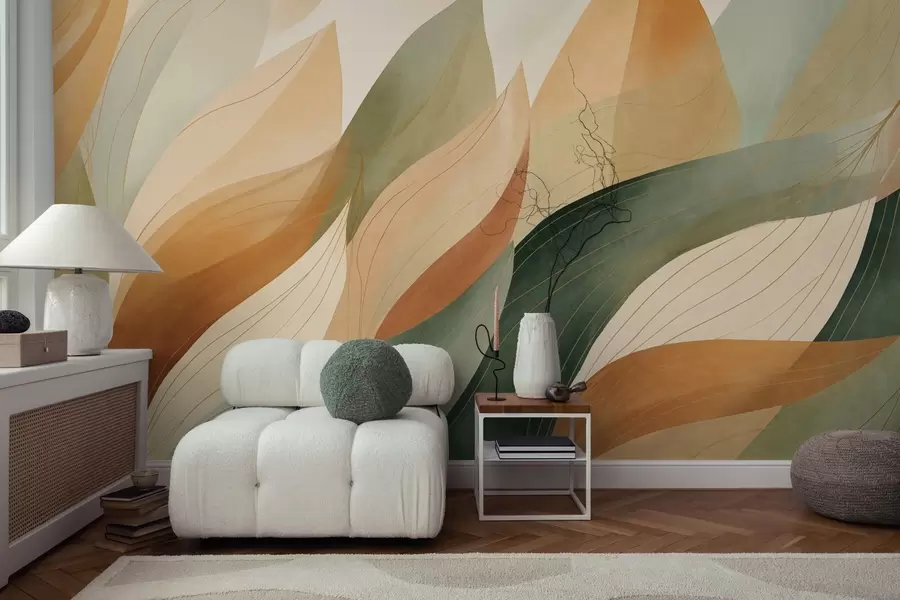 murales de pared Hojas abstractas, tonos tierra apagados de verde y naranja con delicados detalles lineales, textura suave de acuarela. w09736