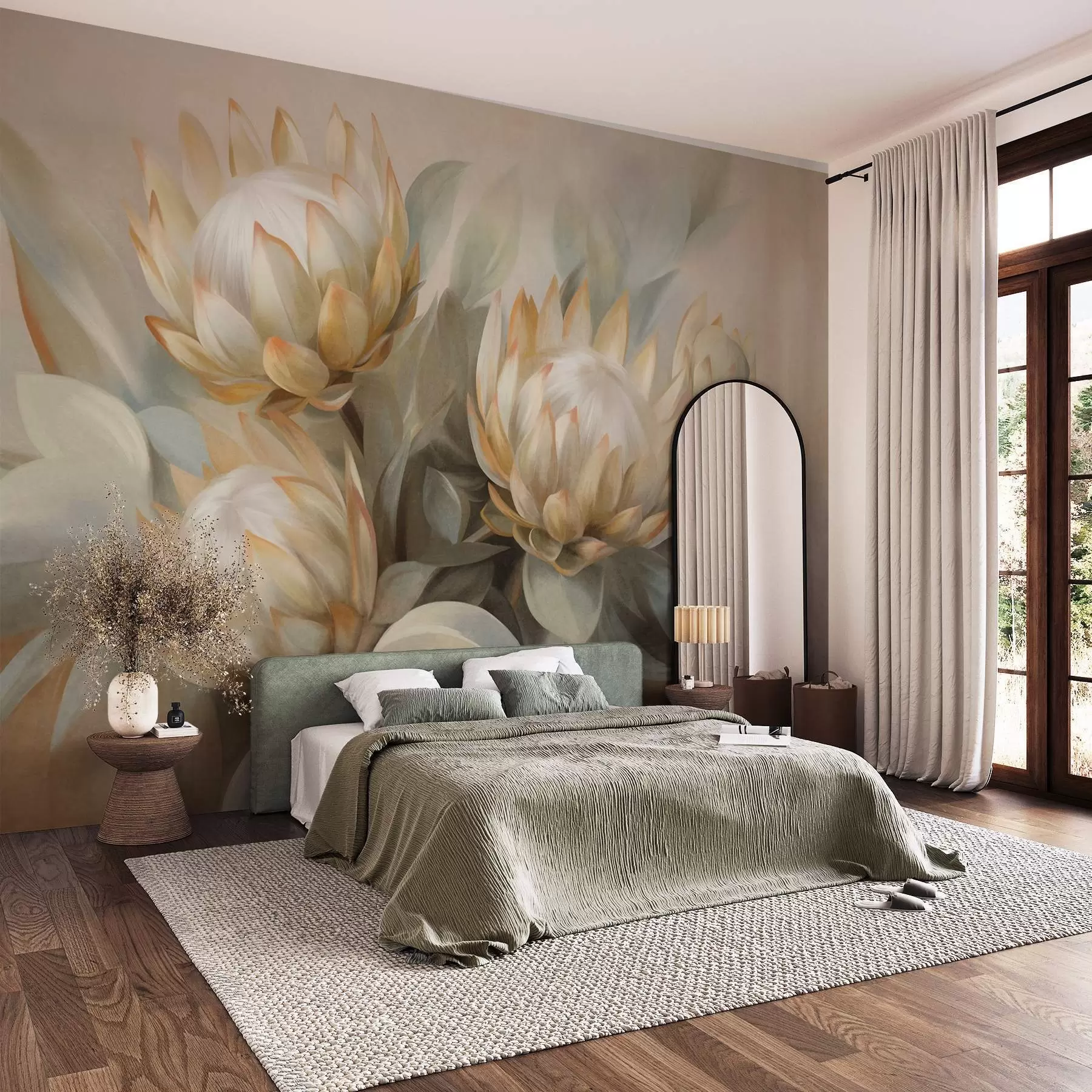 murales de pared Flores de protea con textura, hojas verdes y un fondo suave y difuminado. w09738