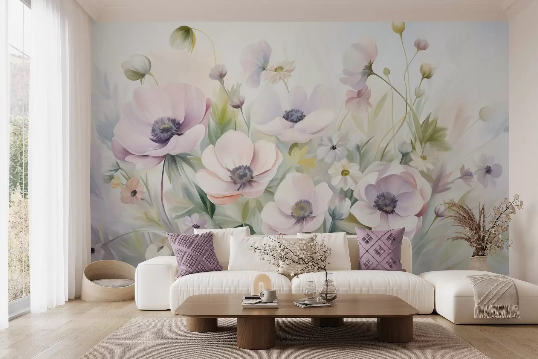 murales de pared Un campo de flores de anémona en tonos rosa pastel y blanco, follaje verde y pequeñas margaritas blancas. w09742