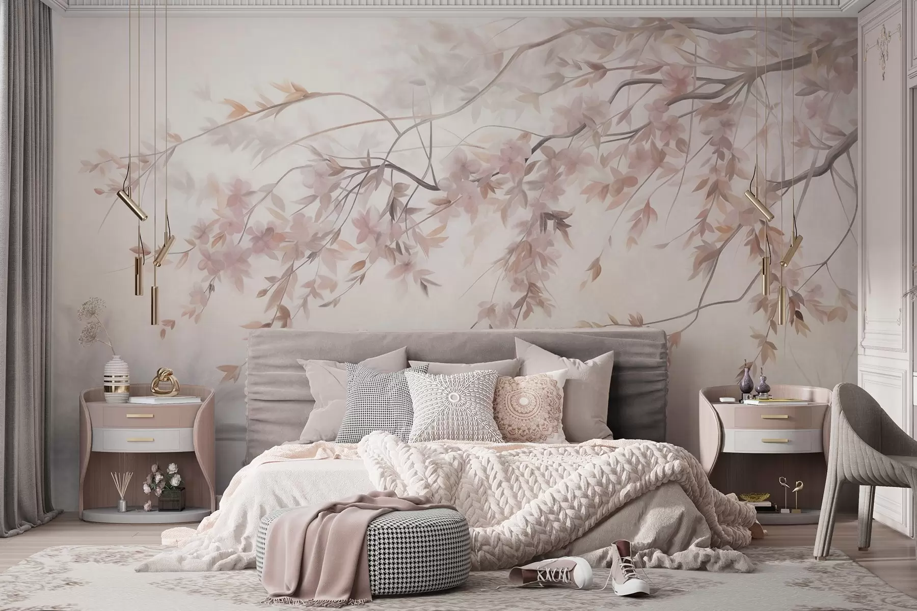 murales de pared Paisaje texturizado con rama de cerezo en flor, hojas rosadas y fondo suave y brumoso. w09743