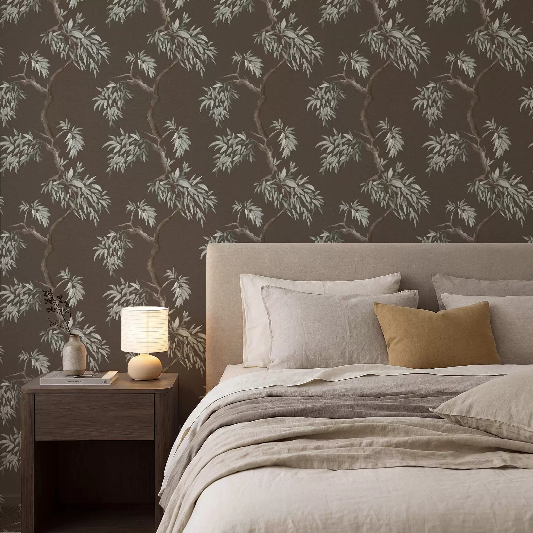 murales de pared Rama de árbol con hojas sobre fondo marrón a01117v3