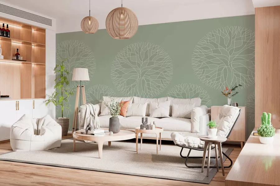 murales de pared Árboles lineales fantásticos con copas frondosas en tonos verde claro. w05213v6