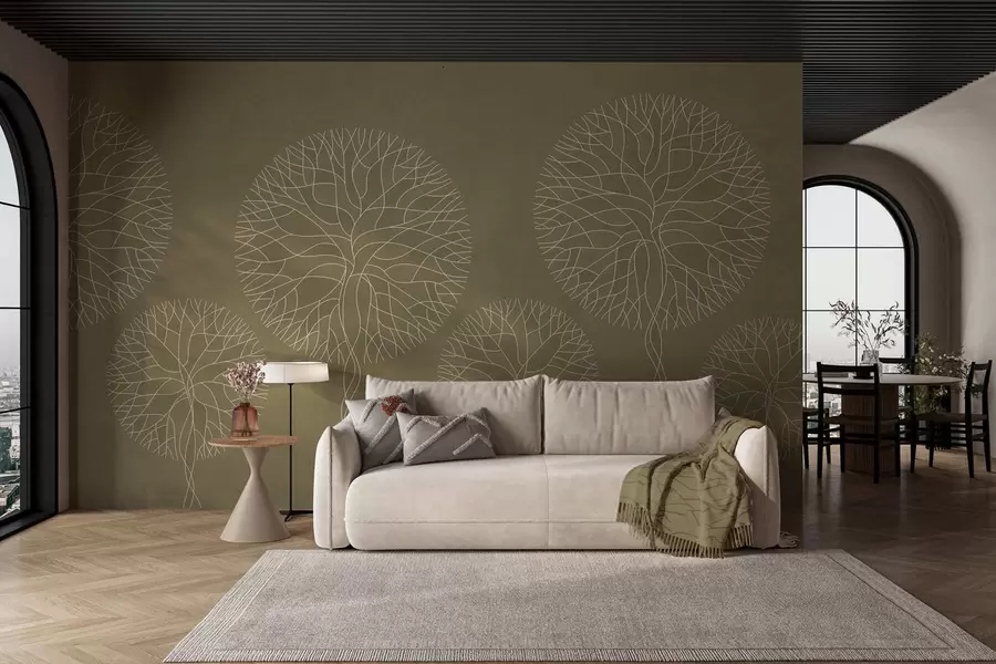 murales de pared Árboles lineales fantásticos con copas frondosas en tonos caqui. w05213v7