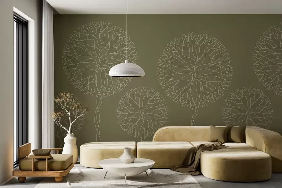 murales de pared Árboles lineales fantásticos con copas frondosas en tonos caqui. w05213v7