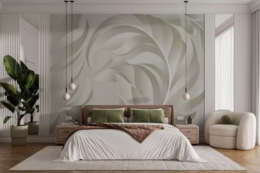 murales de pared Plumas grandes con textura en tonos beige y oliva. w05231v1