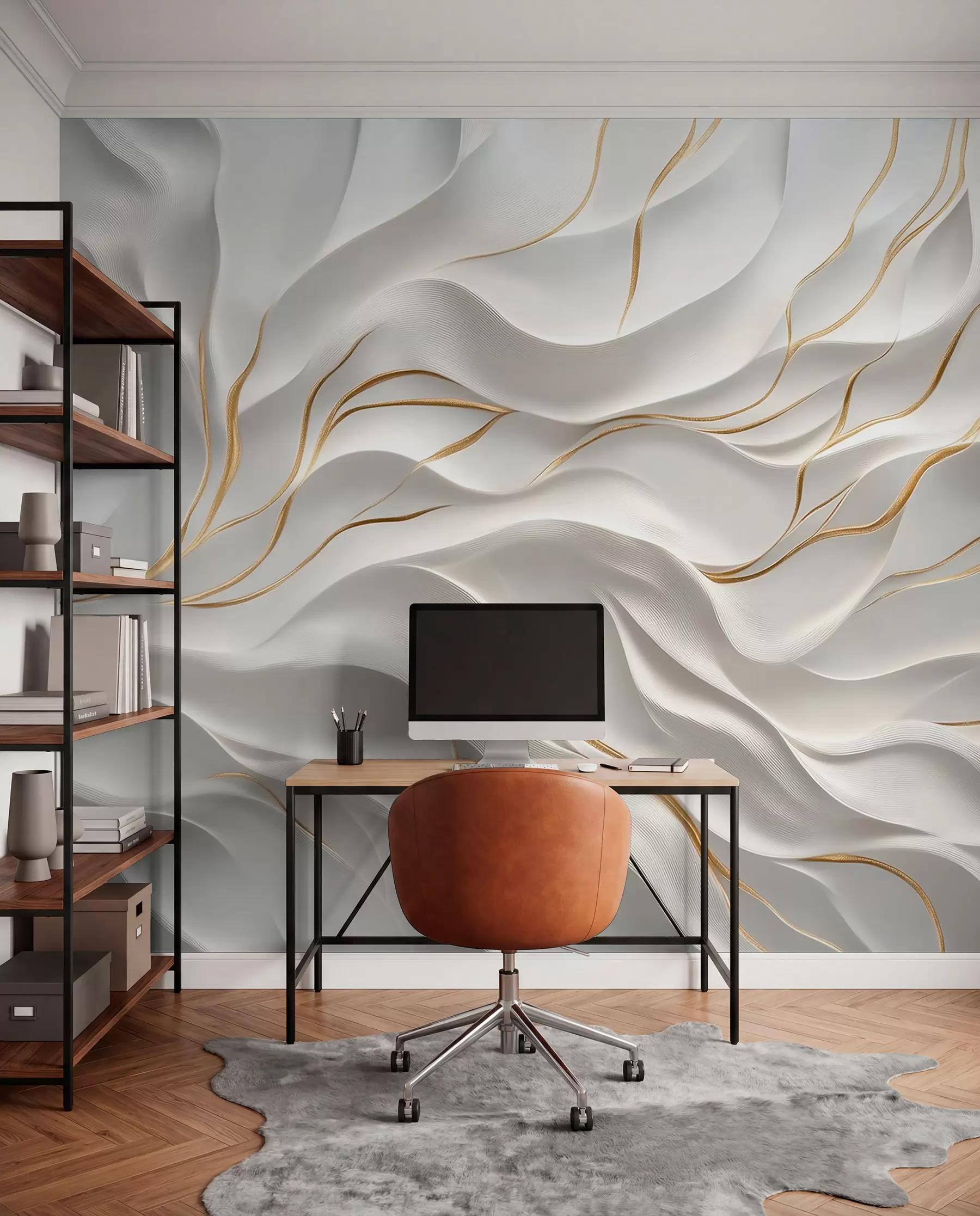 murales de pared Ondas en relieve grises con detalles en amarillo w09724