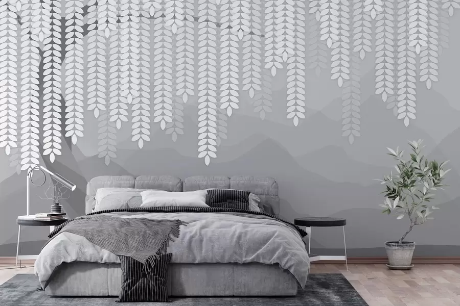 murales de pared Sauce estilizado con hojas colgantes sobre un fondo de montañas minimalistas en tonos grises. w05232v3