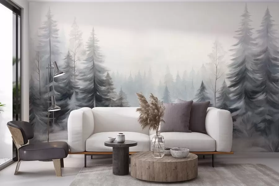 murales de pared Árboles invernales con textura en un bosque envuelto en niebla, en tonos grises y blancos apagados. w09745