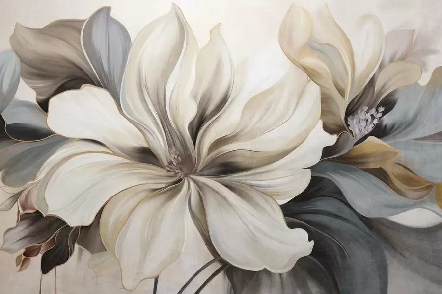 murales de pared Grandes flores cremosas de magnolia con hojas marrones y grises, iluminación suave, fondo abstracto. w09749