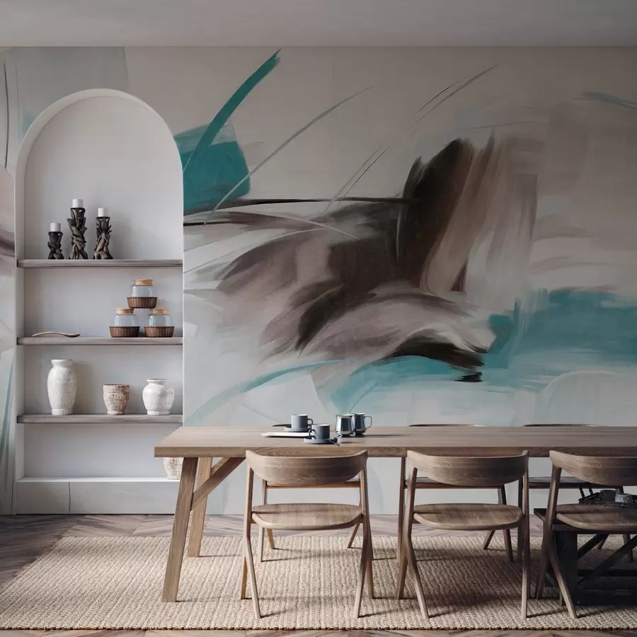 murales de pared Estilo de pintura abstracta con pinceladas texturizadas en marrón y azul. w09755v1