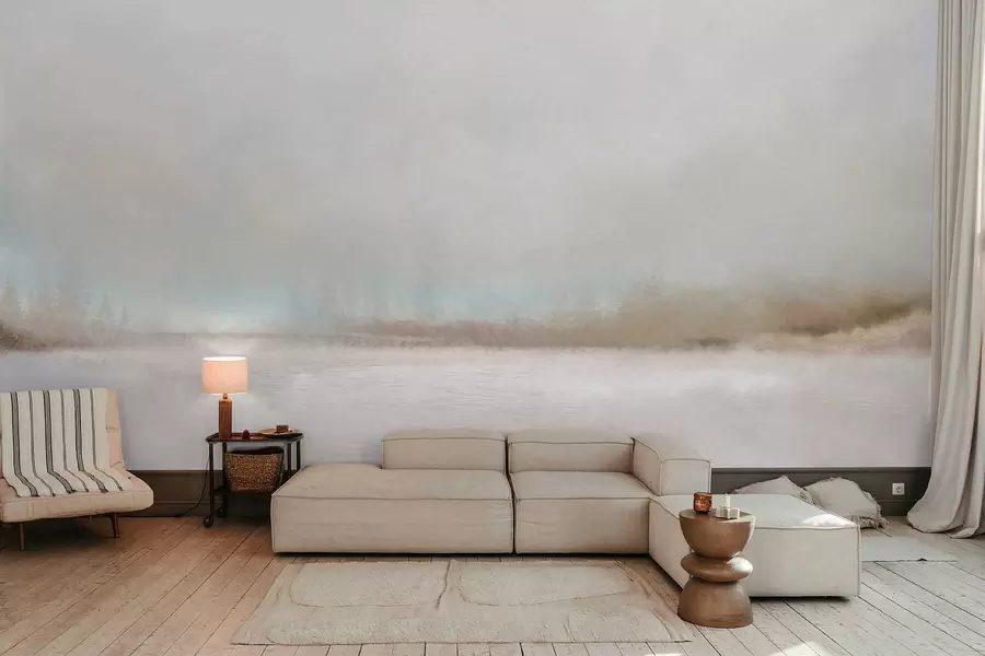 murales de pared Paisaje brumoso con lago y bosque w05319