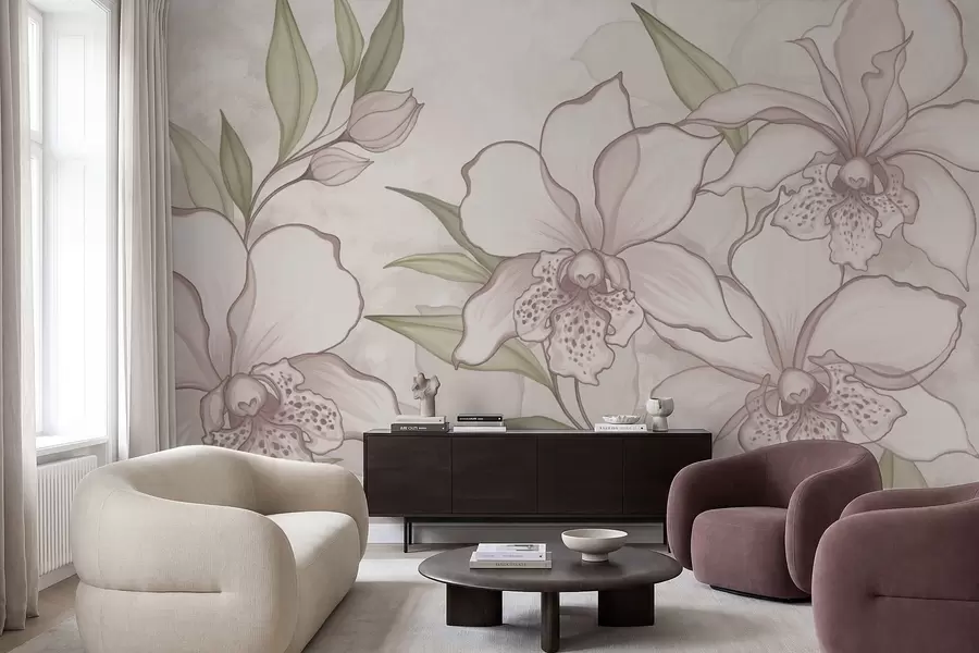murales de pared Ilustración de orquídeas pálidas con hojas sobre fondo beige. w05117