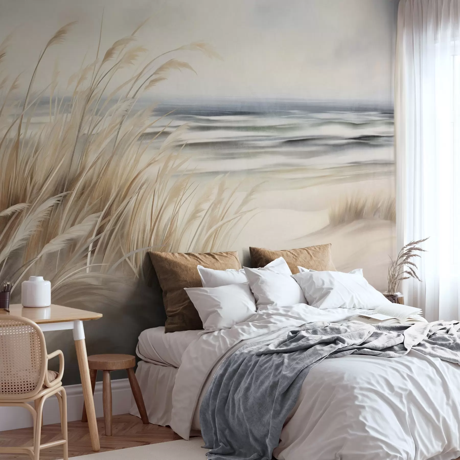 murales de pared Paisaje con textura, con hierba seca en una playa de arena, con el océano y el cielo al fondo. w09739