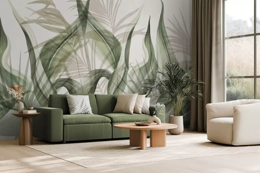 murales de pared Hojas tropicales en tonos beige y verde sobre fondo blanco, estilo acuarela con textura. w09772v1