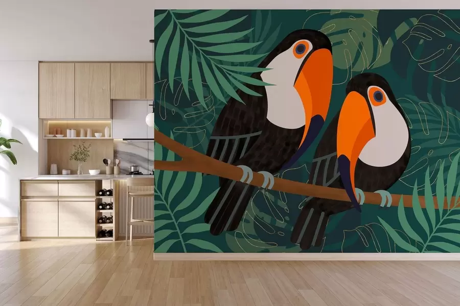 murales de pared una pareja de tucanes en una rama, con estilo afro w05239